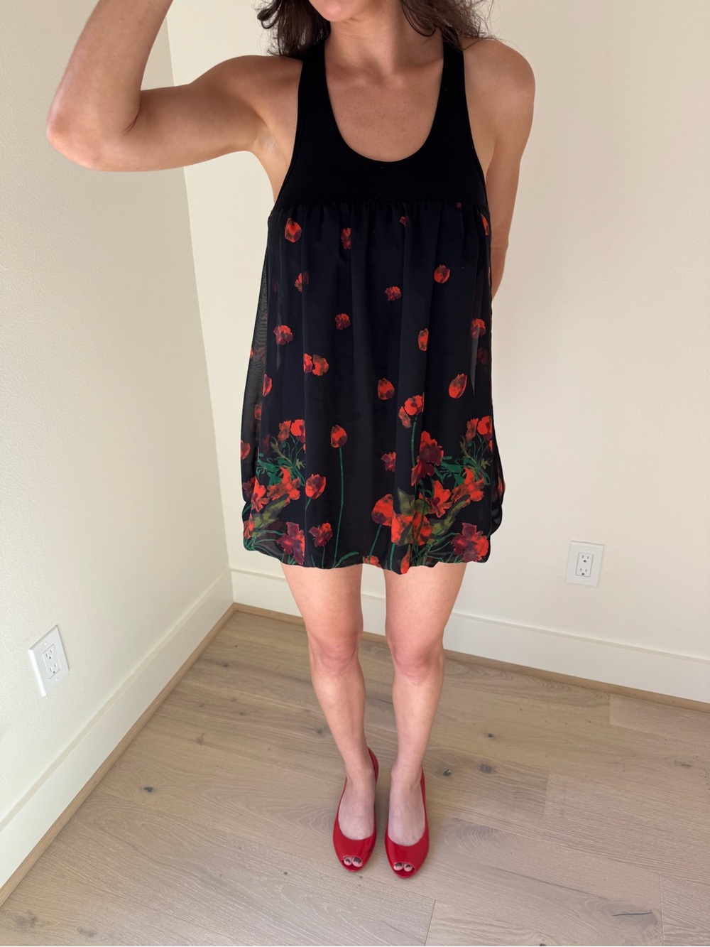 Body Central Black Tank Mini Dress with Red Floral Print